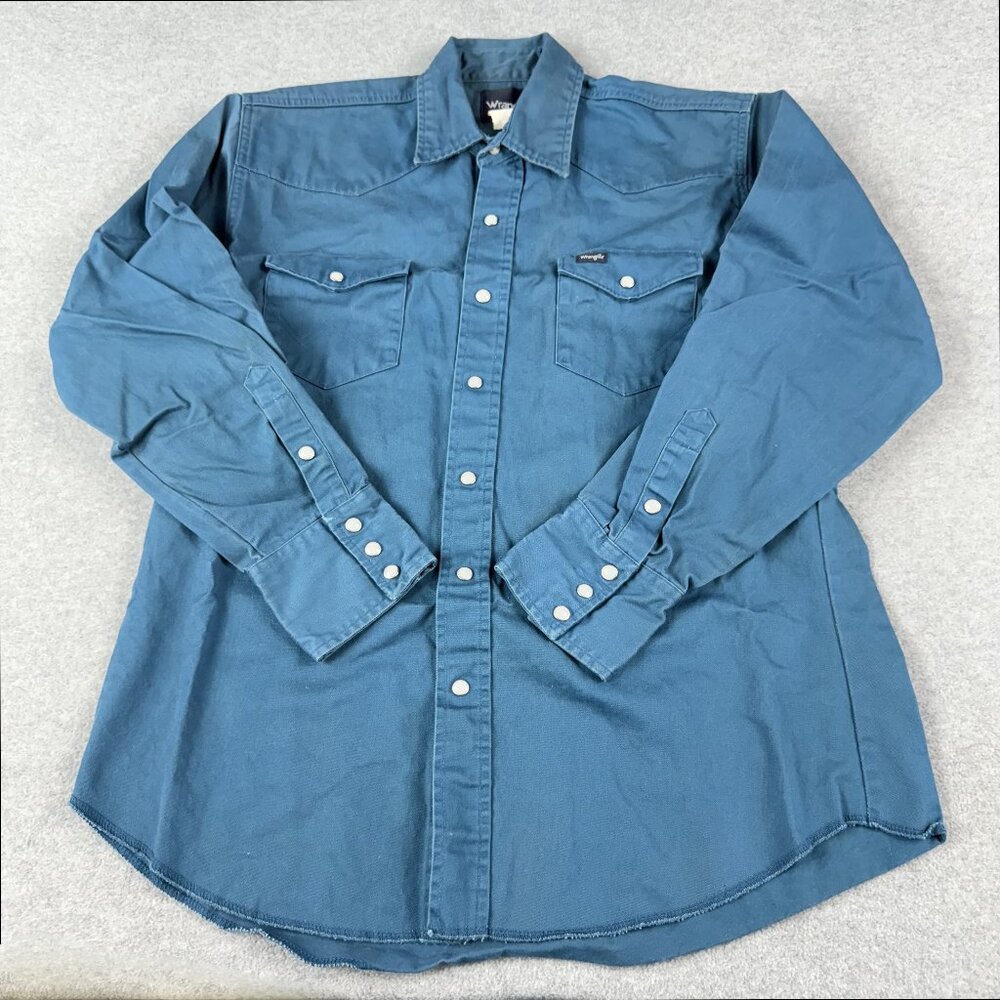 Vintage 90s Wrangler Pearl Snap Western Shirt Teal Denim Cowboy XL Long Sleeve